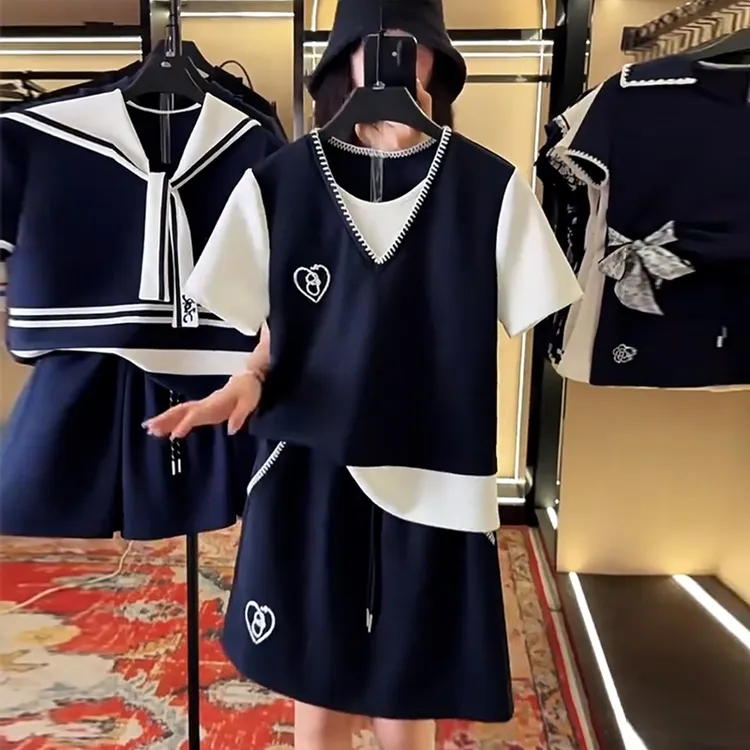 高含棉休闲气质小清新套装女2025夏季新款小众显瘦上衣短裙两件套