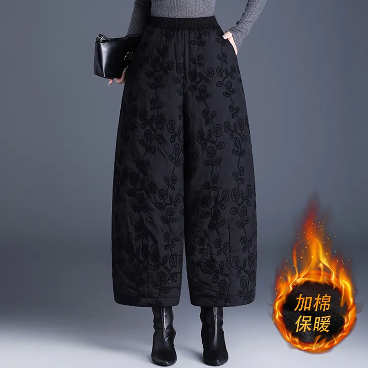 雪尼尔刺绣茧型阔腿裤女冬新款防寒保暖棉裤休闲九分花苞裤