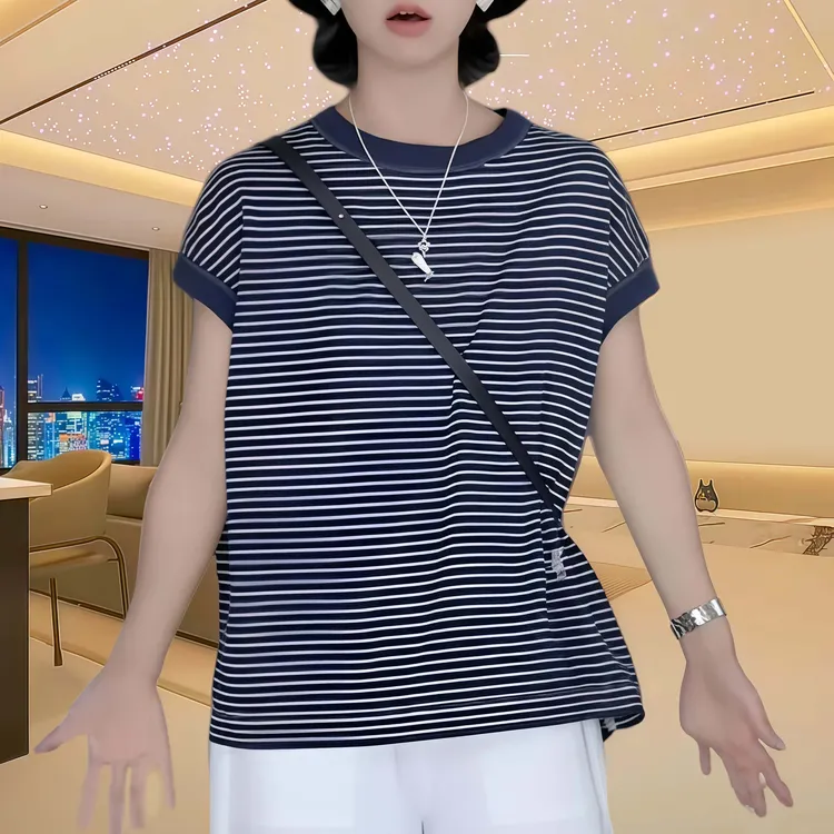 夏季宽松气质条纹圆领短袖T恤女2025新款休闲简约时尚百搭上衣