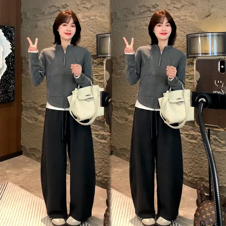 2025秋季新款设计感洋气百搭长袖开衫女打底衫休闲阔腿裤三件套装