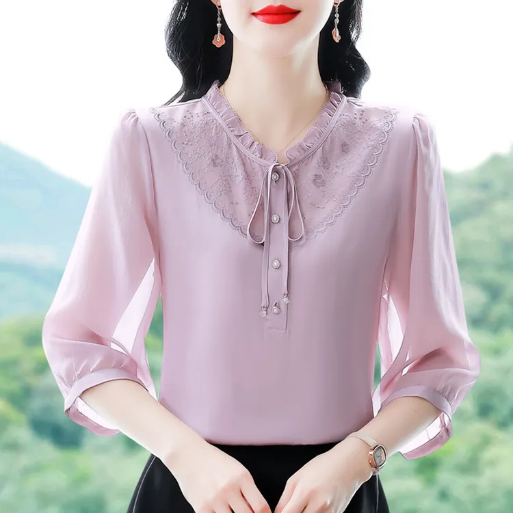重工刺绣雪纺衫女短袖新款高级独特漂亮女士洋气七分袖系带上衣潮
