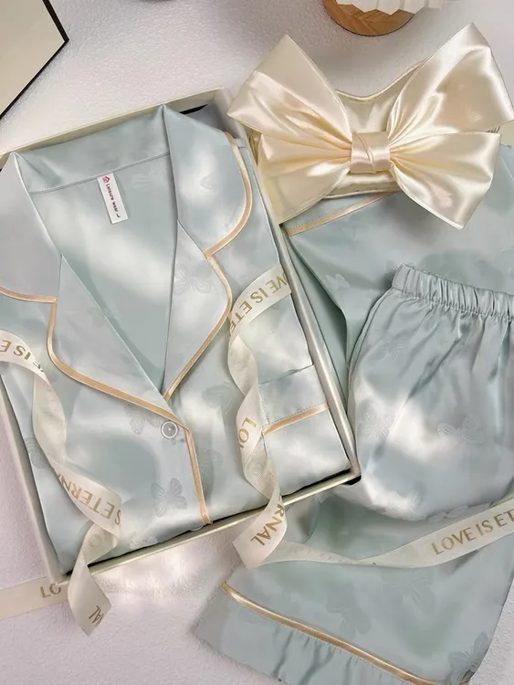 2025新款轻奢提花冰丝三件套睡衣女夏季甜美风宿舍短袖套装家居服