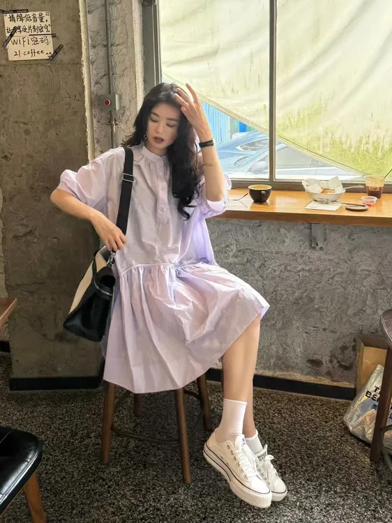 2025春夏新款韩系气质温柔风淡紫色连衣裙宽松灯笼袖衬衫裙高级感
