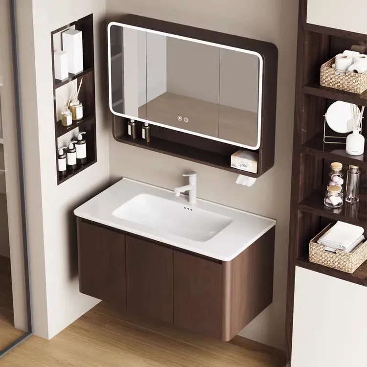 圆弧新中式中古风浴室柜组合卫生间胡桃木陶瓷洗漱台洗手盆洗漱台