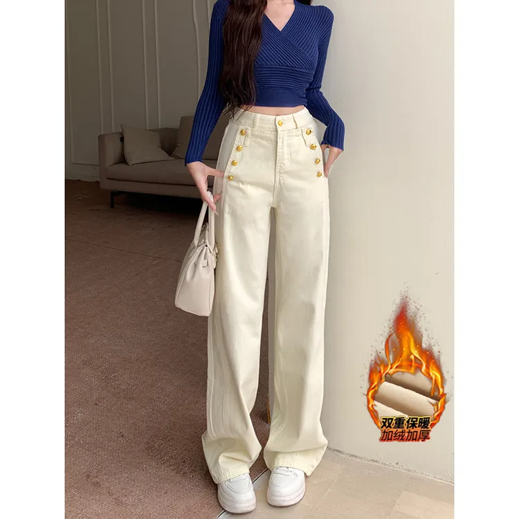 加绒巴曼风气质阔腿牛仔裤女2025冬季新款重工金扣高腰显瘦长裤