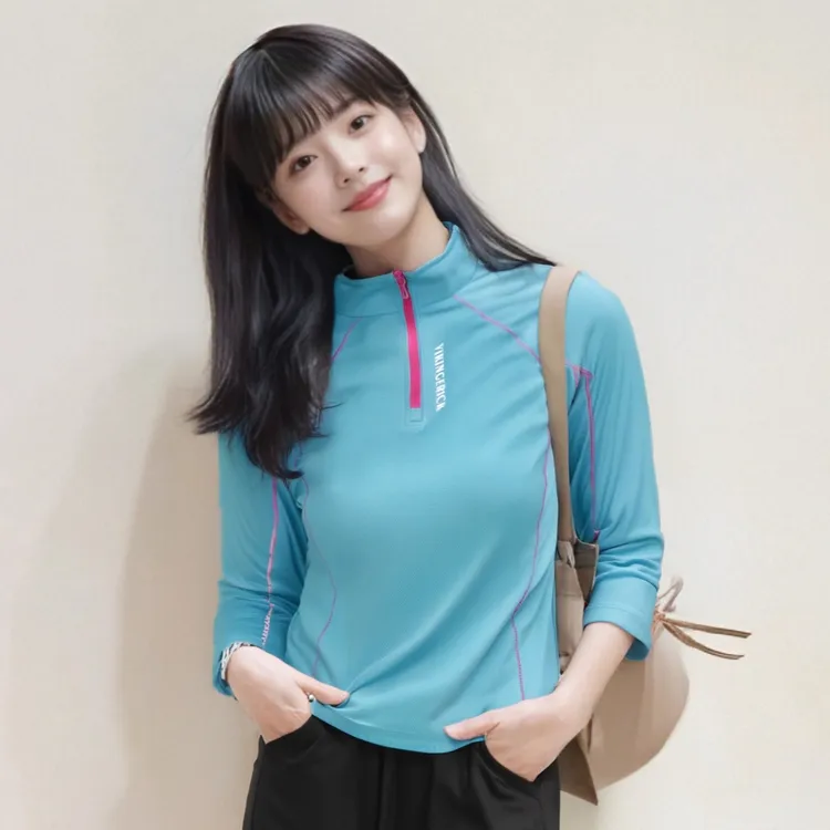 女士拼接立领长袖透气弹力速干吸汗上衣春秋户外运动款显瘦修身