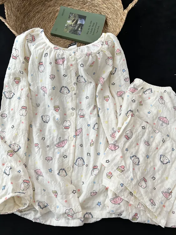 奶fufu兔叽少女睡衣春秋季可爱圆领开衫长袖长裤学生女家居服套装