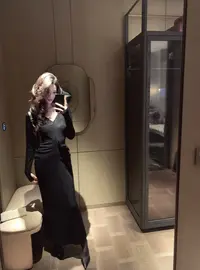 金南一  弹力蕾丝深V领腰褶气质长款连衣裙