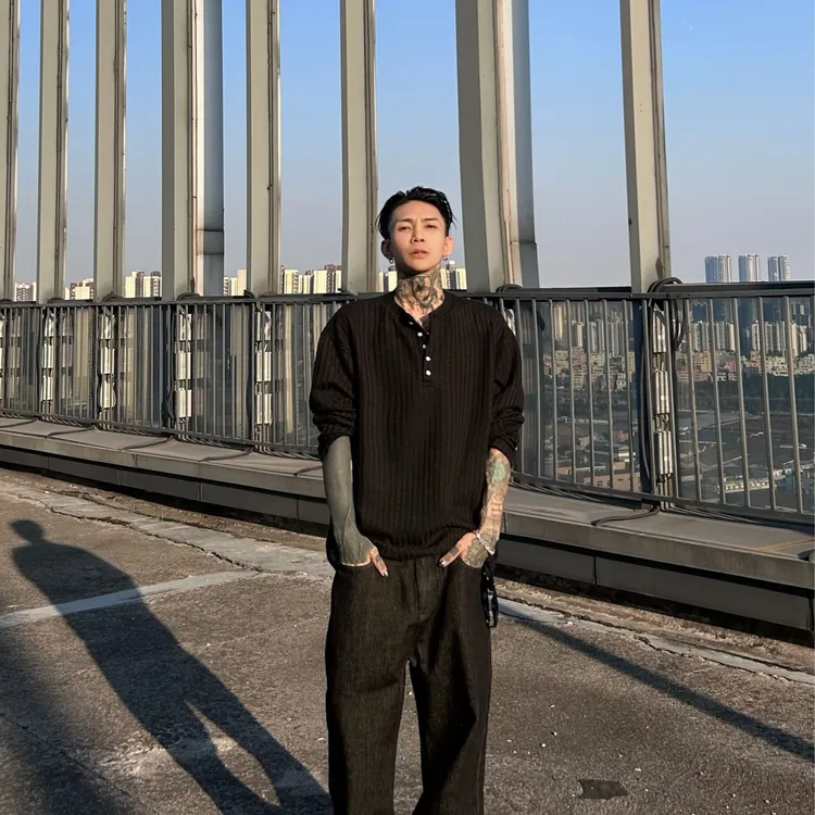 【我叫得仔】 老钱风肌理感亨利领长袖T恤秋冬简约宽松保暖打底上衣