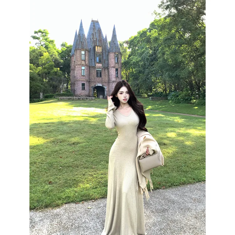 优雅端庄贵气感千金风修身针织包臀长裙清冷感外穿披肩两件套装秋