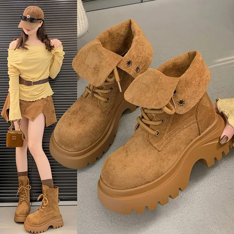 时尚复古纯色系带厚底时装靴女2025秋冬季新款短靴马丁靴百搭靴子