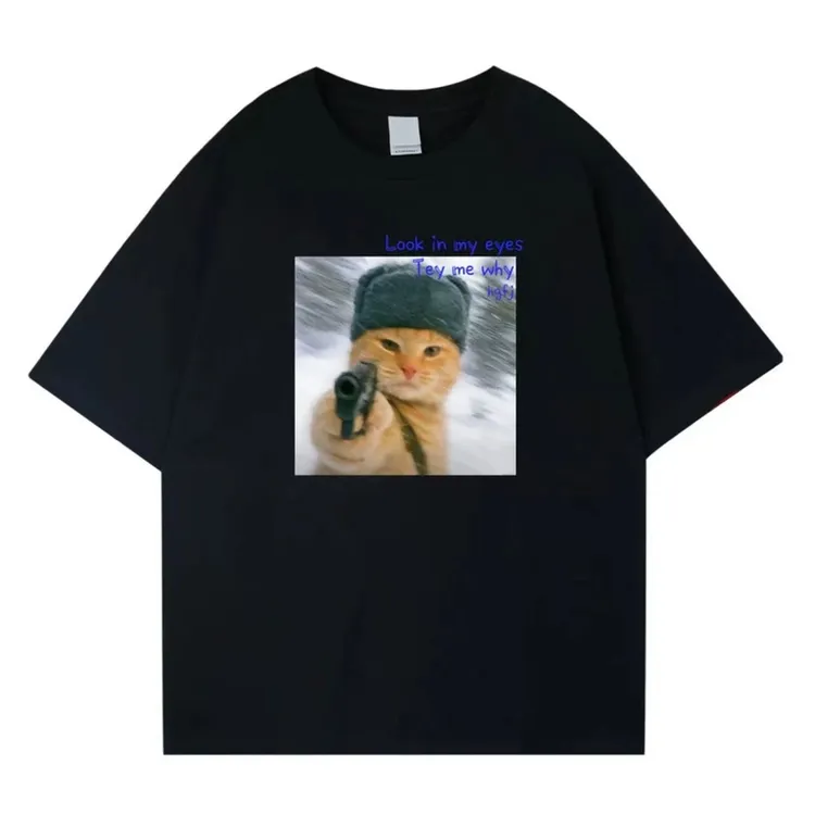【look in my eyes】美式轻奢纯棉痞帅男装高级感男士t恤猫咪