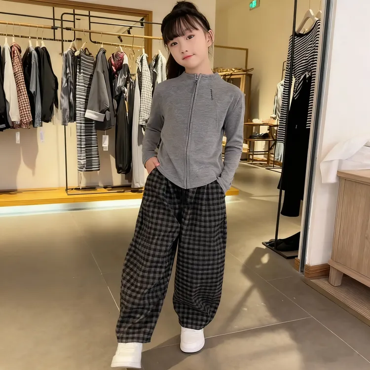 韩版套装女童上衣春秋中大童休闲风拉链百搭千金风秋季时尚格子裤