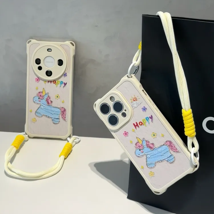 油画独角兽双挂绳适用iPhone苹果16手机壳14华为p70vivoppo小米15