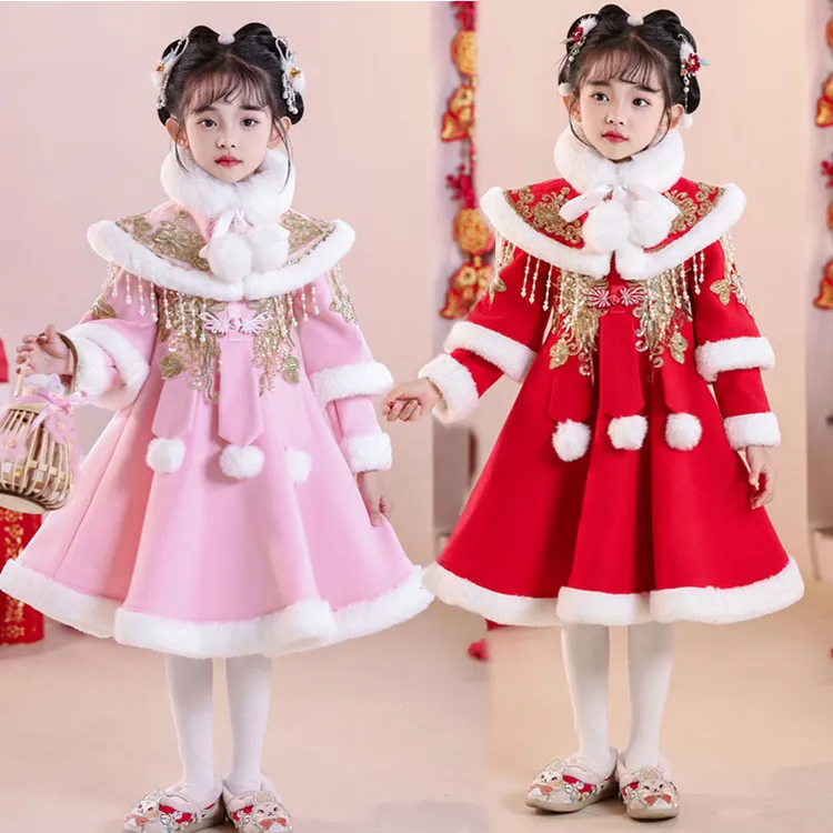 拜年服女童冬季加绒汉汉服新款中国风儿童宝宝新年唐装喜庆旗袍裙