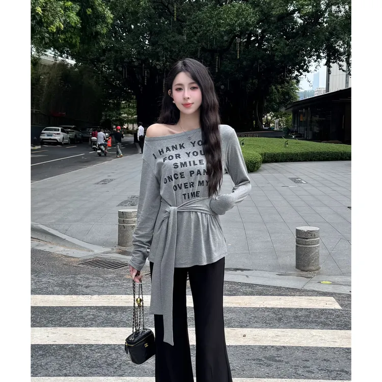 YUANLIANSU/圆脸酥【慢写冬绪】灰色露肩绑带上衣+牛仔裤套装女秋季