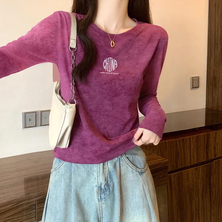 新款纯棉正肩扎染渐变修身长袖t恤女春秋冬季爆款内搭打底衫上衣