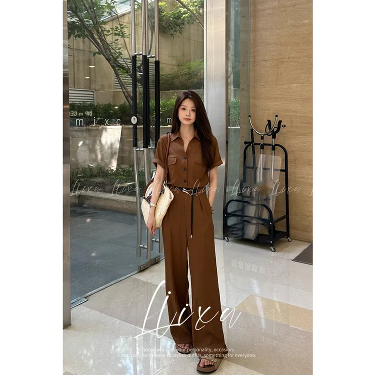 2025SP夏季气质时尚高腰休闲复古短袖上衣阔腿裤三件套L52TZ368