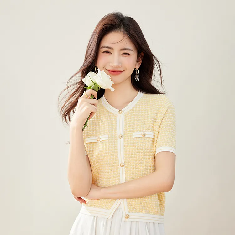 拉夏贝尔法式小香风针织衫女2025夏季新款轻薄撞色肌理感短袖上衣