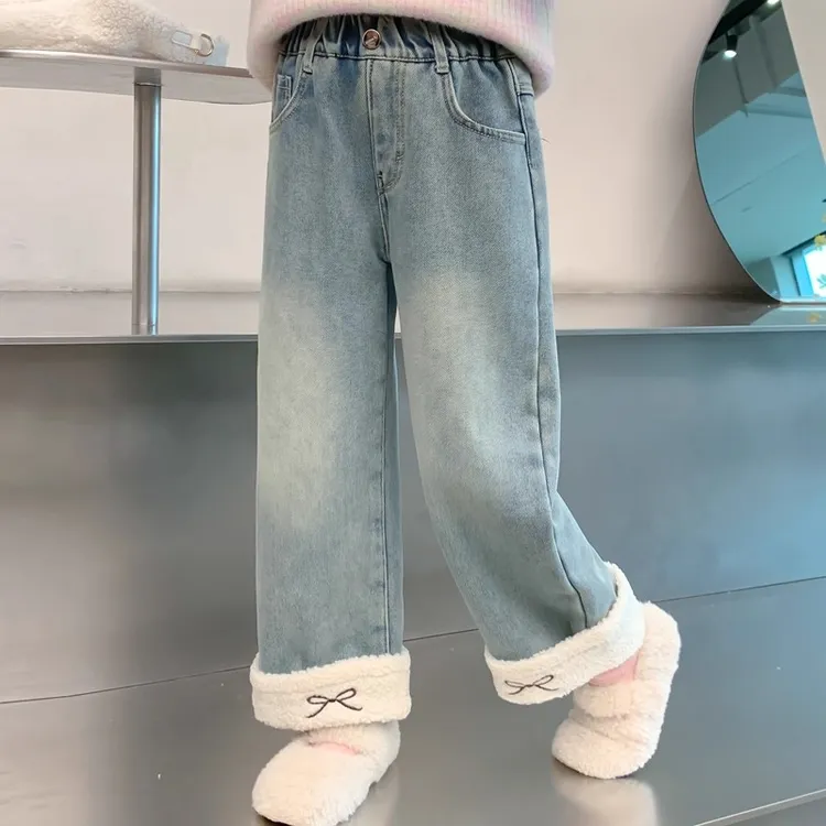 女童秋冬装牛仔裤2025新款儿童时髦女孩冬季裤子加绒加厚休闲长裤