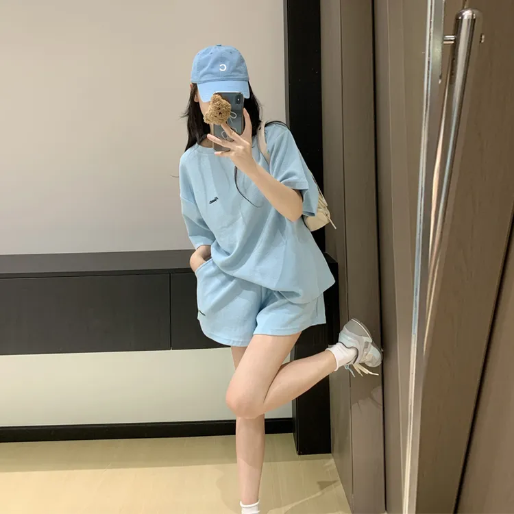 网红华夫格蓝色运动套装女装2025新款爆款洋气时尚宽松阔腿两件套