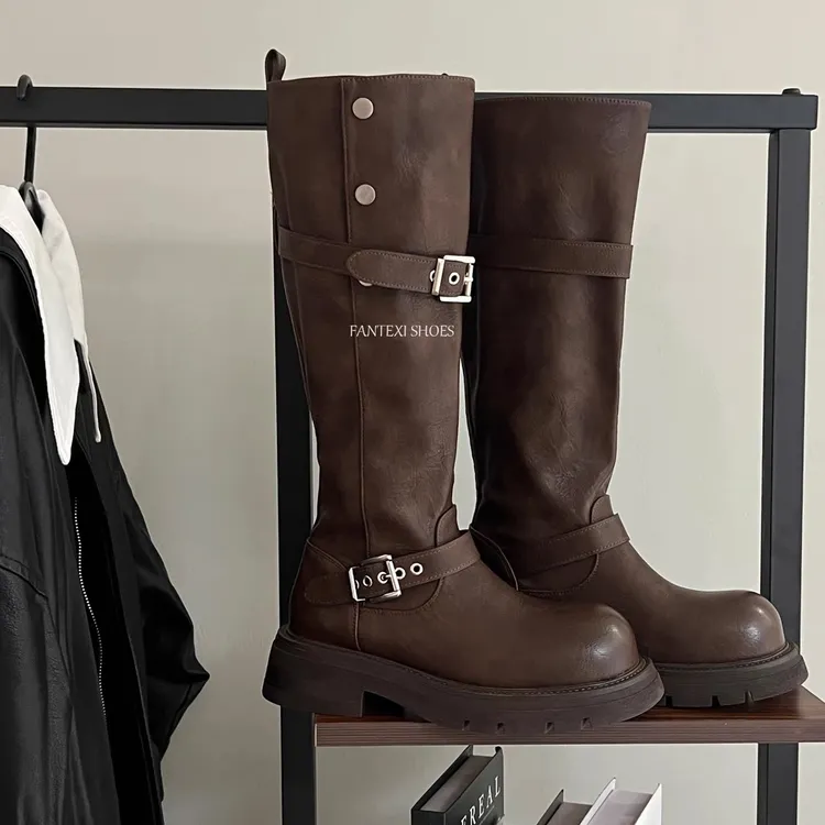 时装靴黑色厚底靴子时尚复古秋冬厚底高筒靴过膝