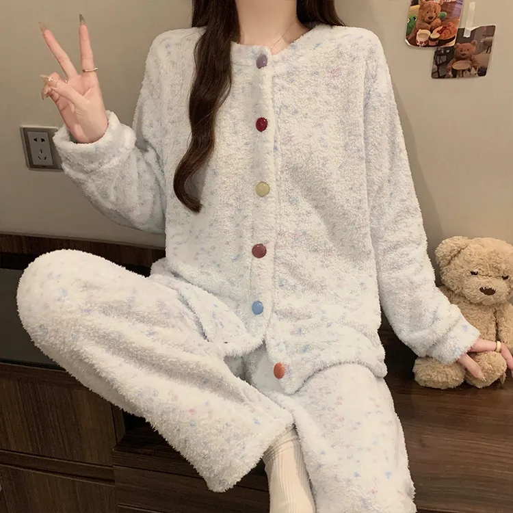 珊瑚绒睡衣女秋冬季加绒加厚半边绒彩色纽扣冬天可外穿家居服套装