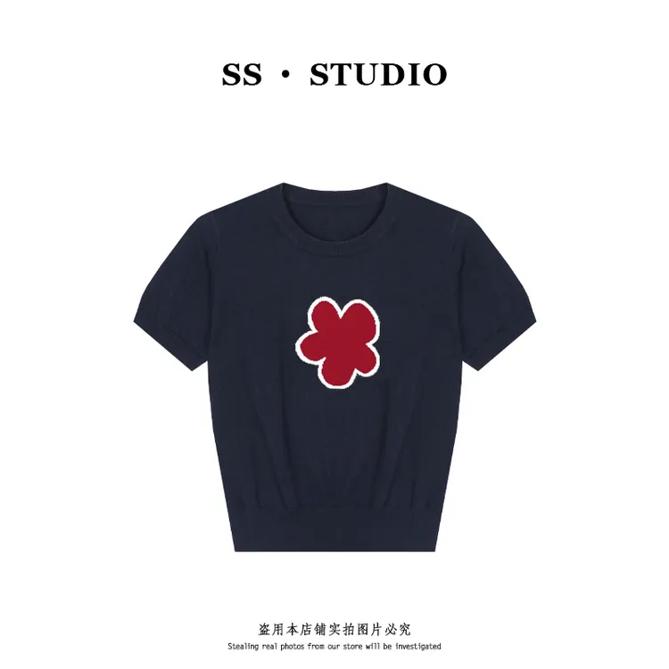 【SUSU】简约休闲撞色圆领针织衫夏季凉感丝短袖上衣SS-5501