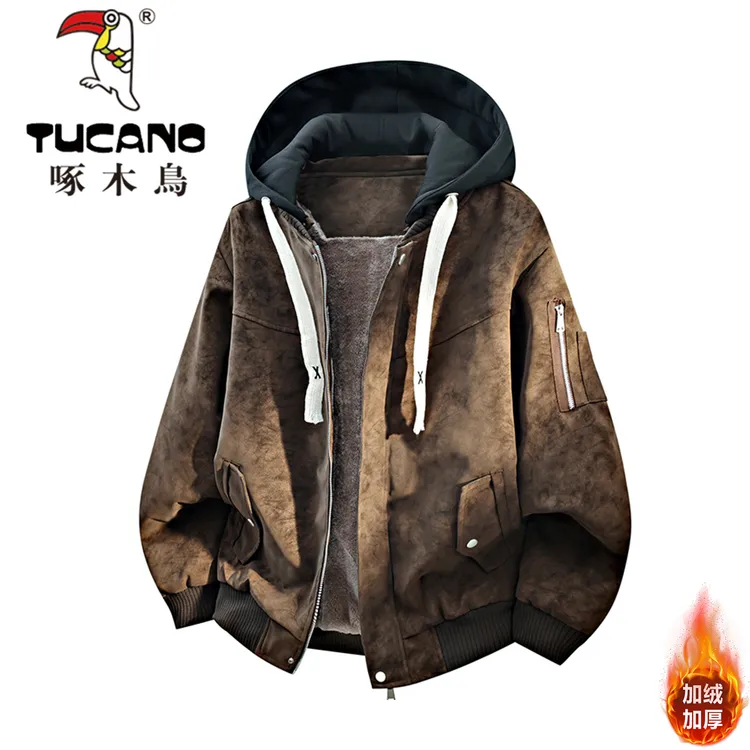 啄木鸟美式复古风连帽夹克男加绒加厚棒球服大码皮夹克潮流外套男