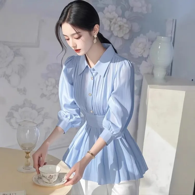 法式超好看蓝色收腰衬衫女2025年春季新款高级感轻奢独特气质衬衣