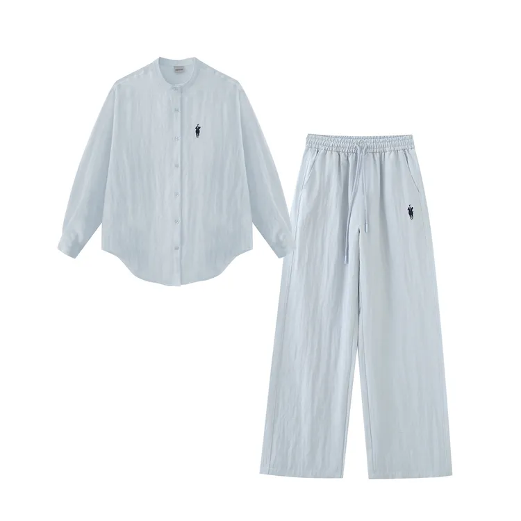 2025夏季休闲假日宽松简约时尚莱赛尔亚麻衬衣长裤套装Z7011