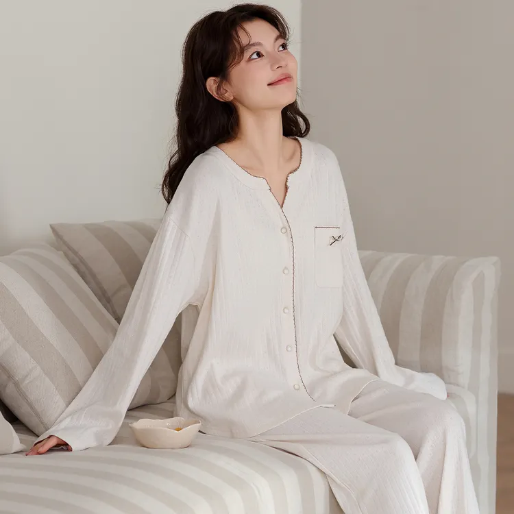 100%纯棉睡衣女款春秋季简约甜美休闲长袖双面提花全棉家居服套装