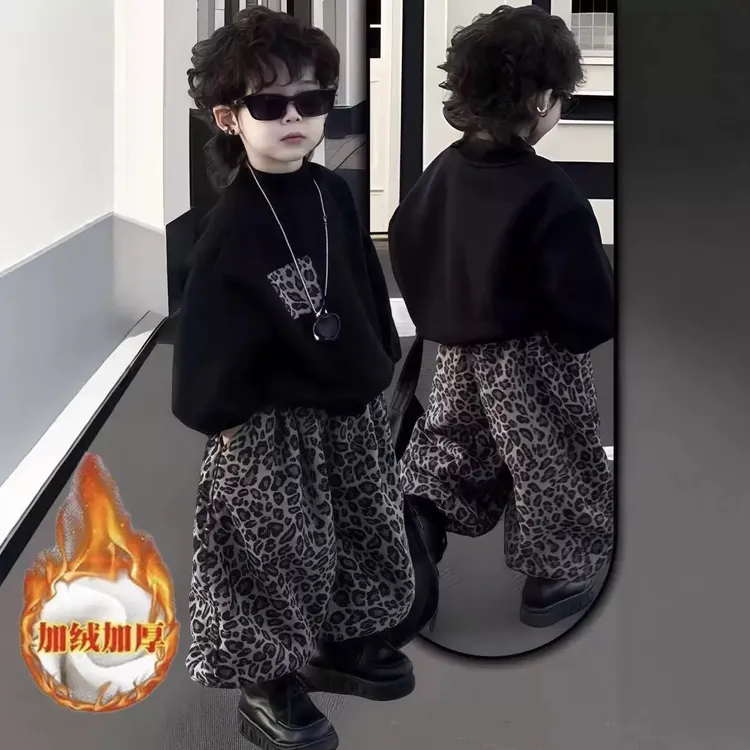 儿童套装秋季2025新款豹纹韩版洋气男女童圆领卫衣卫裤两件套潮童