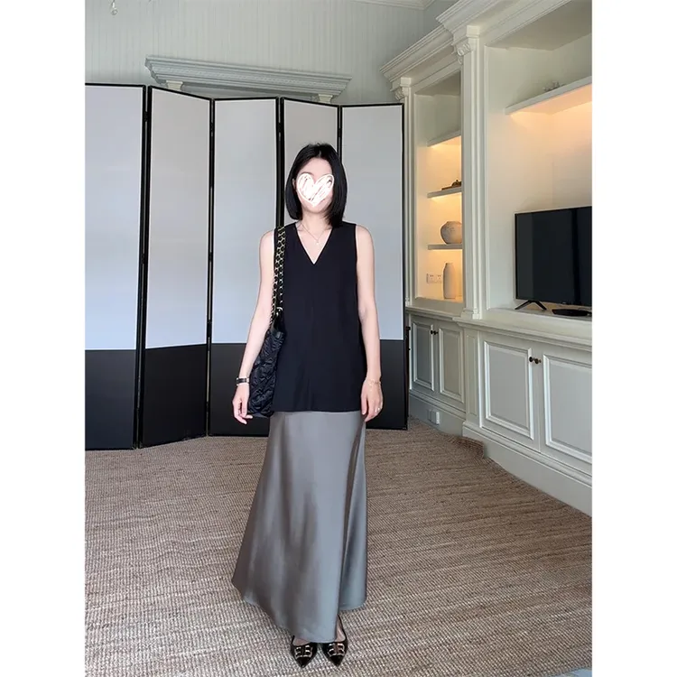 夏季新款千金贵气名媛风女装V领简约无袖上衣高腰显瘦鱼尾半身裙