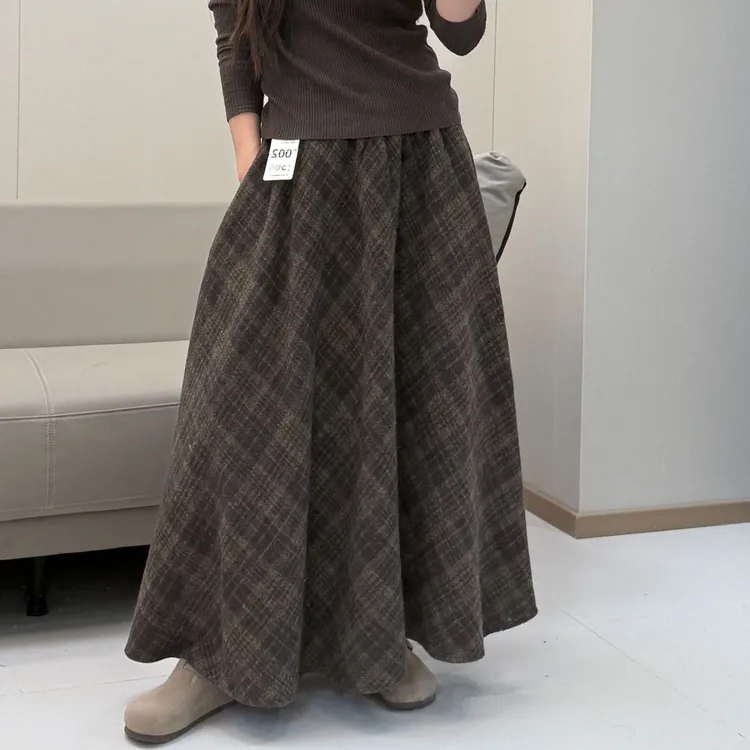 【慧】大摆羊毛呢高腰格子复古百搭中长裙半身裙女2025秋冬新款