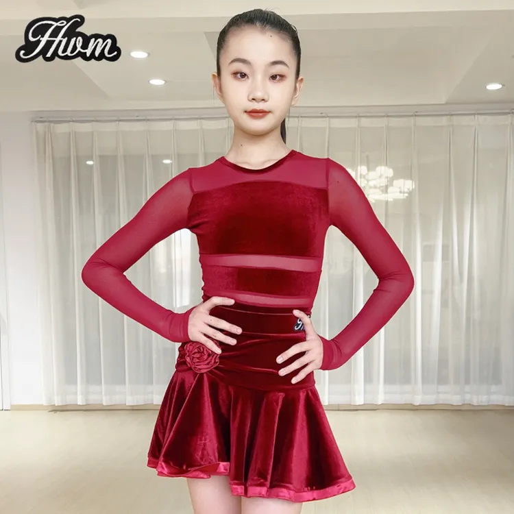红舞魅拉丁舞服女童秋冬季新款长袖上衣丝绒半裙高级感练功服套装