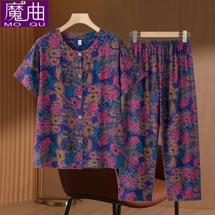 中老年女妈妈装夏装套装新款奶奶短袖两件套60岁老太太衣服