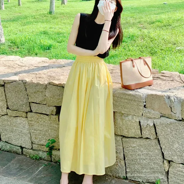 流行漂亮黄色半身裙女夏季大码胖mm显瘦松紧高腰a字伞裙长裙子潮