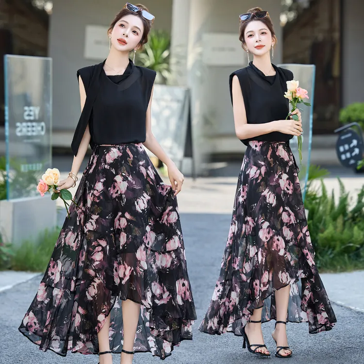 法式休闲风轻熟风纯欲风2025两件套装长裙大摆修身欧美风洋气气质