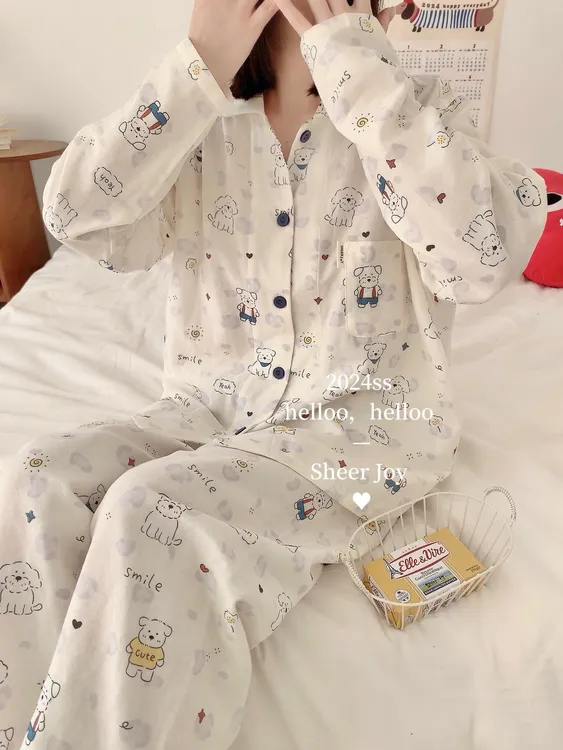四季新款长袖纱布双层纱家居服  原宿狗狗