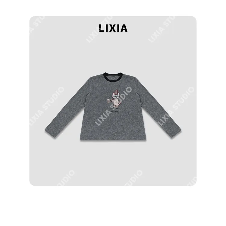 LIXIA【圣诞小猫】设计师款印花小猫圆领长袖T恤-D10681