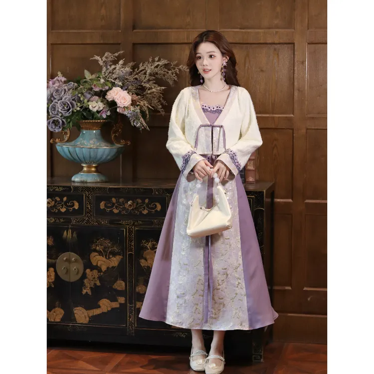 瑶西【紫韵流光】设计感新中式汉服国风温婉复古织金提花三件套