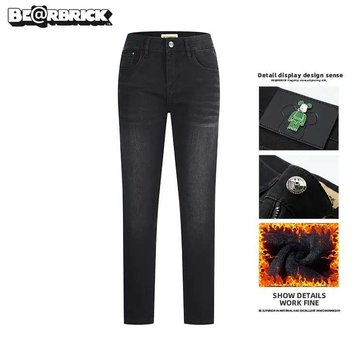 积木熊Be@rbrick【明星同款】黑灰色男士牛仔裤欧货高奢加绒牛仔裤