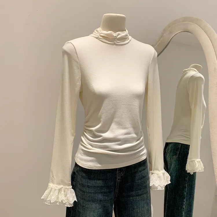 大码女装半高领打底衫秋冬新款徳绒褶皱蕾丝边喇叭袖修身内搭上衣