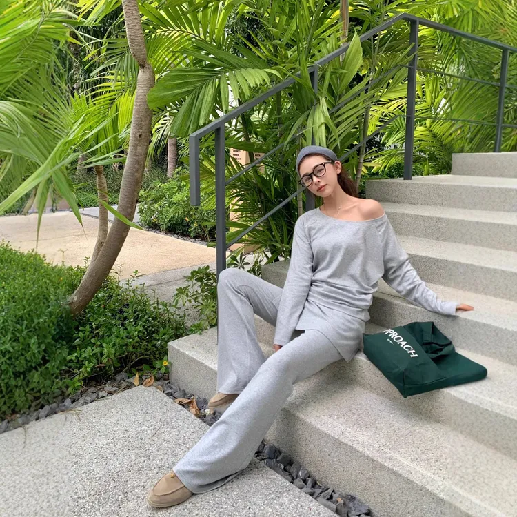 TTOO春季新款针织三件套皮帘一字领长袖上衣垂感松紧腰长裤女