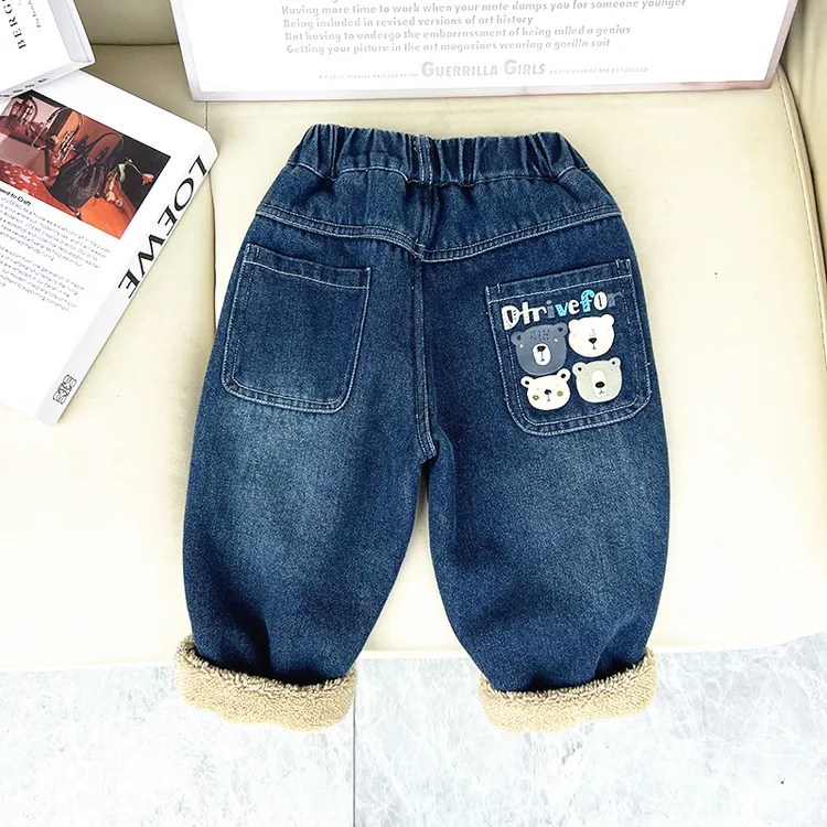 儿童加绒牛仔裤新款男童韩版冬装中小童洋气冬季卡通加厚休闲长裤