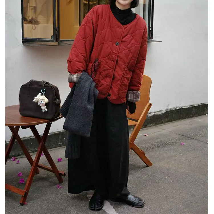 （菱格绗缝汉麻外套）88230冬季简约宽松百搭水波纹设计棉服外套H