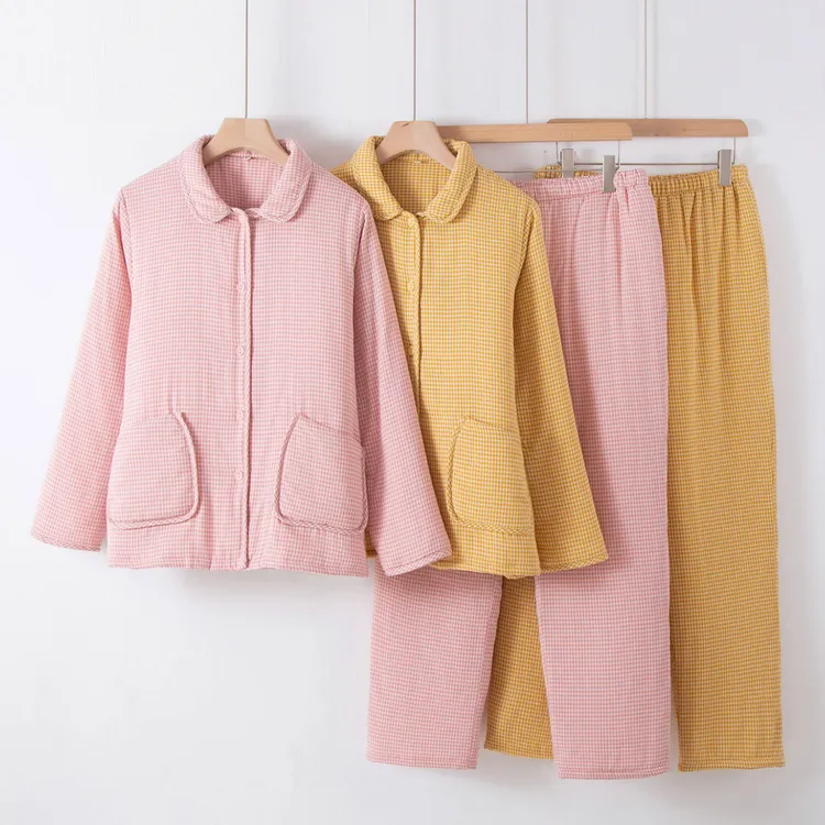 纯棉夹棉加厚睡衣女款秋冬季空气层保暖湖南省省服格子棉袄家居服