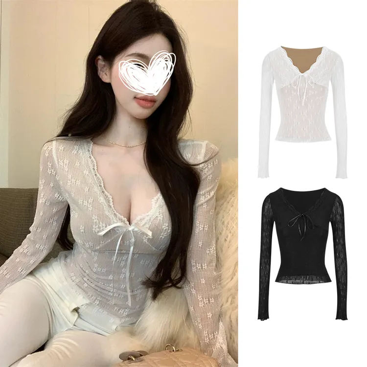 2025早秋新款辣妹性感低胸v领小衫上衣显身材蕾丝长袖打底衫女