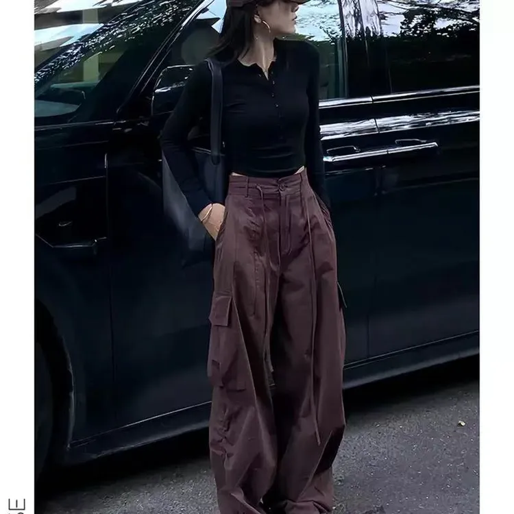 高个子超长美式复古工装裤女春秋高腰垂坠加长拖地束脚阔腿运动裤